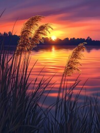 夕阳下河岸边的金色芦苇