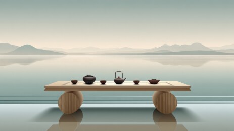 宁静的茶道与山景