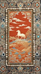 织锦画中的白马与山水