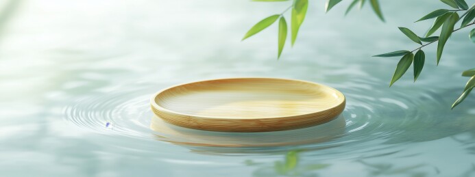 竹盘静置于水面，绿叶点缀