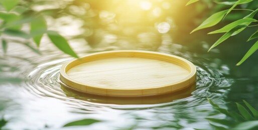 竹盘漂浮水面绿叶环绕