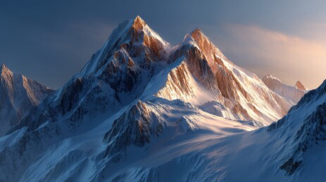 阳光照耀下白雪覆盖的壮丽山峰