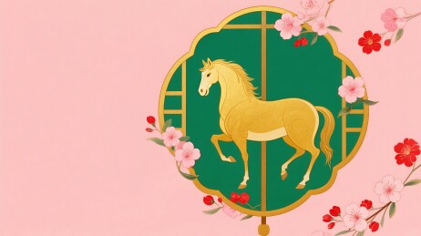 金驹立扇间粉花添雅韵