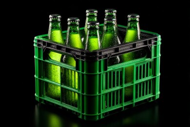 黑色塑料筐装绿色瓶装饮料