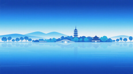 蓝色抽象山水湖泊古亭风景插画
