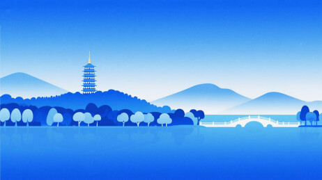 蓝色抽象山水湖泊古亭风景插画