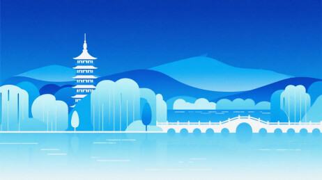 蓝色抽象山水湖泊古亭风景插画