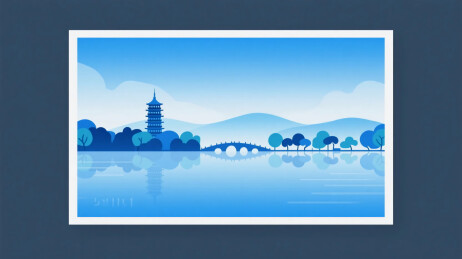 蓝色抽象山水湖泊古亭风景插画