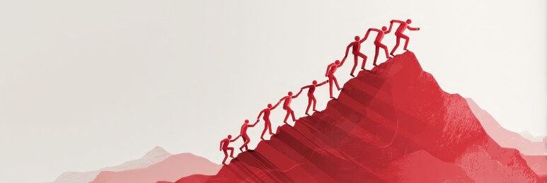 众人携手攀登红色山峰