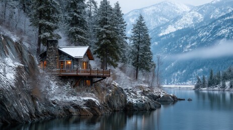 雪中山间湖畔小木屋