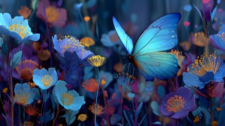 梦幻蓝蝶翩飞 盛放花海 色彩绚烂
