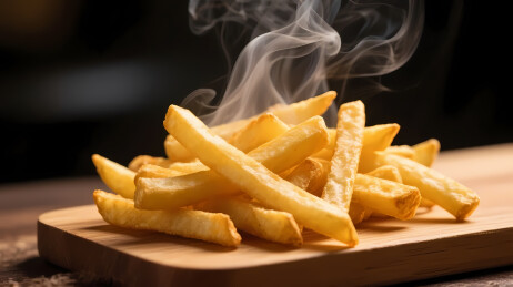 金黄薯条白烟模糊背景