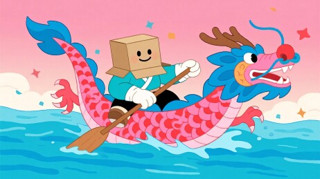 纸箱头乘龙船插画