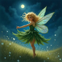 草地上绿衣仙子的画面