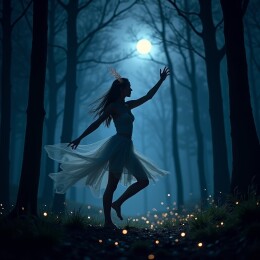 月夜森林中仙子的剪影