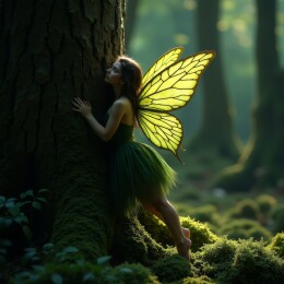 树旁绿衣仙子的静谧画面