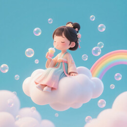 喝软饮的汉服小女孩创意插画