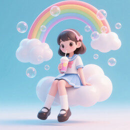 喝软饮的小女孩创意插画