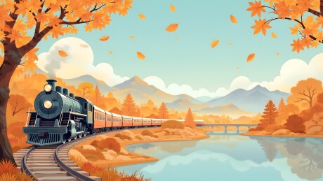 秋日火车穿越金色山林