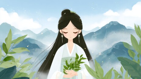 山间仙子怀抱绿叶静谧之美