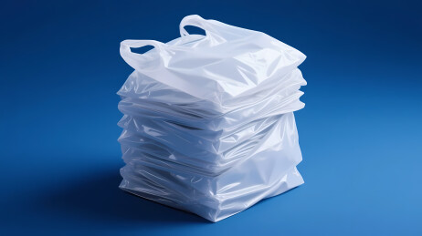 蓝色背景白色塑料袋堆