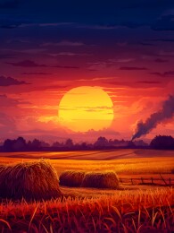 黄昏余晖下的田园稻草堆