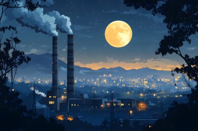 夜幕中灯火映照的火电厂烟囱