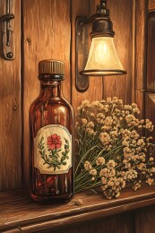 复古药柜上的药瓶盖与干花