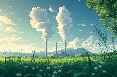 烟囱上升起的白烟与阳光下的山丘