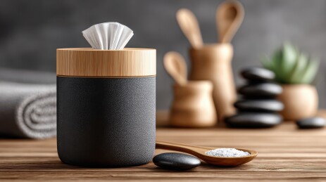 木质桌上的竹制黑色纸巾盒与水疗元素