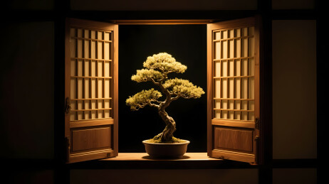 温馨木窗淡黄盆景