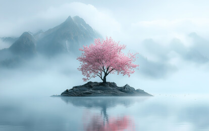 湖水中一棵盛开的桃花树
