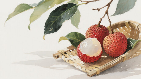 荔枝放在竹编托盘中插画