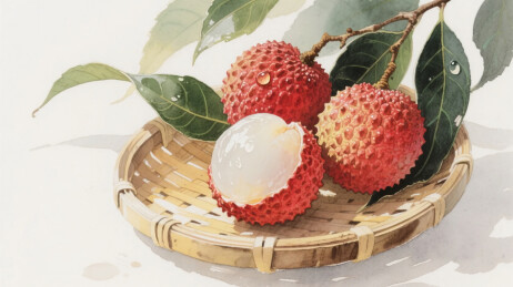 荔枝放在竹编托盘中插画