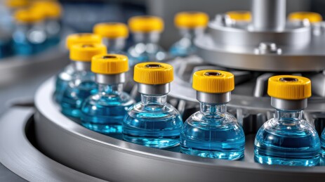 制药生产线上的蓝色药瓶