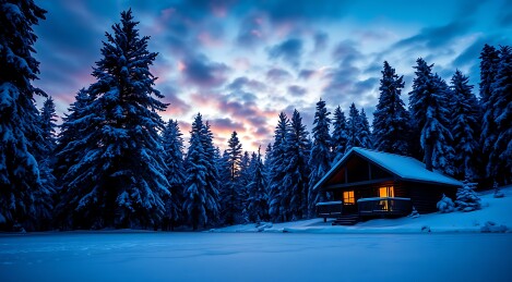 雪夜小木屋与星空