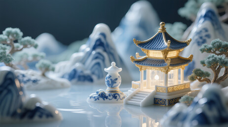 瓷器玉石雕花亭台楼阁