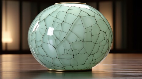 青色裂纹球形器物置于木桌之上光线柔和