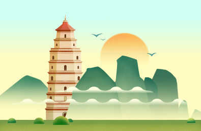 广东梅州地标狮雄古塔插画