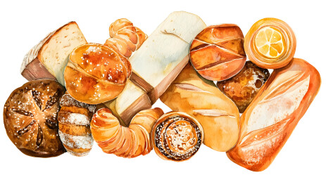 白色背景上的各种面包烘焙美食手绘插画