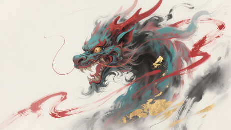 熵灭饕餮金箔水墨线条国风插画
