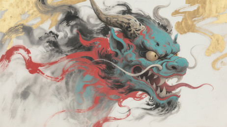 熵灭饕餮金箔水墨线条国风插画