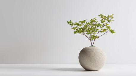浅灰背景浅灰球形花瓶插带叶树枝