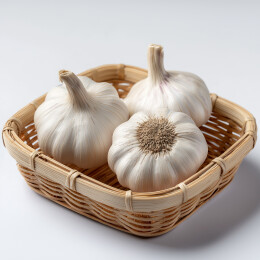 编织篮里放三颗白皮大蒜头
