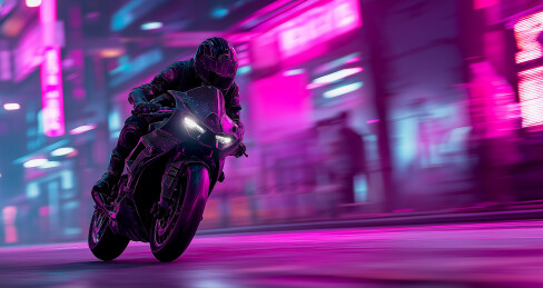 霓虹城市街道上骑手驾摩托飞驰
