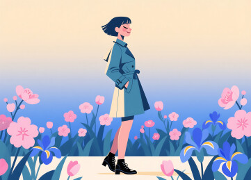 扁平风格美式女人在花丛插画壁纸