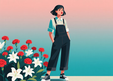 扁平风格美式女人在花丛插画壁纸