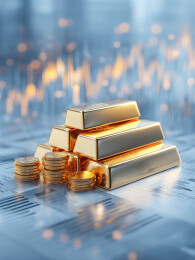 堆叠的金条金币和价格走势图