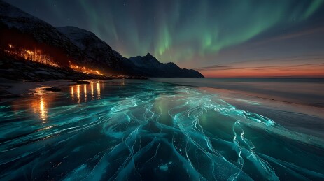 极光下的冰封海岸