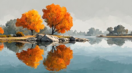秋日湖畔橙色树影